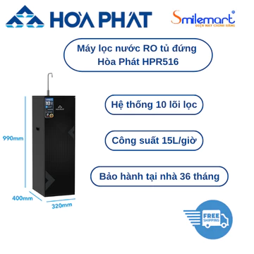Máy lọc nước RO tủ đứng, 10 cấp lọc Hòa Phát HPR516 -Tặng 01 bộ lõi thô +01 dụng cụ mở lõi - Bảo hành tại nhà 36 tháng.