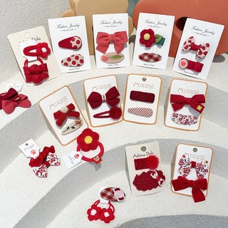(QUÀ TẶNG) SET 2 Kẹp Tóc vải nơ hoa màu đỏ đô vintage diện Tết, Noel Cho Bé Gái