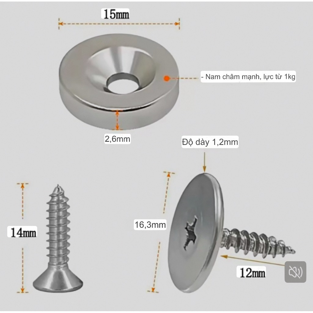 Bộ vít nón đầu to có nam châm hút lắp cho cửa tủ, đồ nội thất giữ cố định khi đóng, chống trẻ em mở
