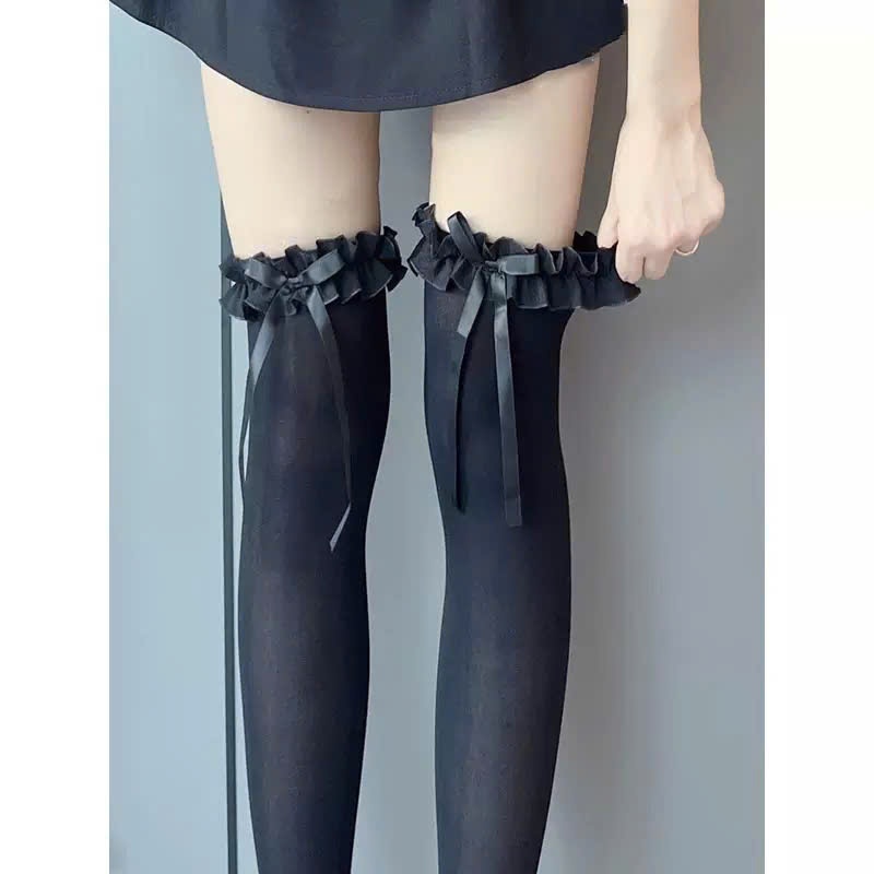 Tất cao cổ phối nơ ren DANDAL Ulzzang Hàn Quốc – Vớ dài nữ thời trang mềm mịn co giãn tốt, viền bèo nơ lụa cực xinh