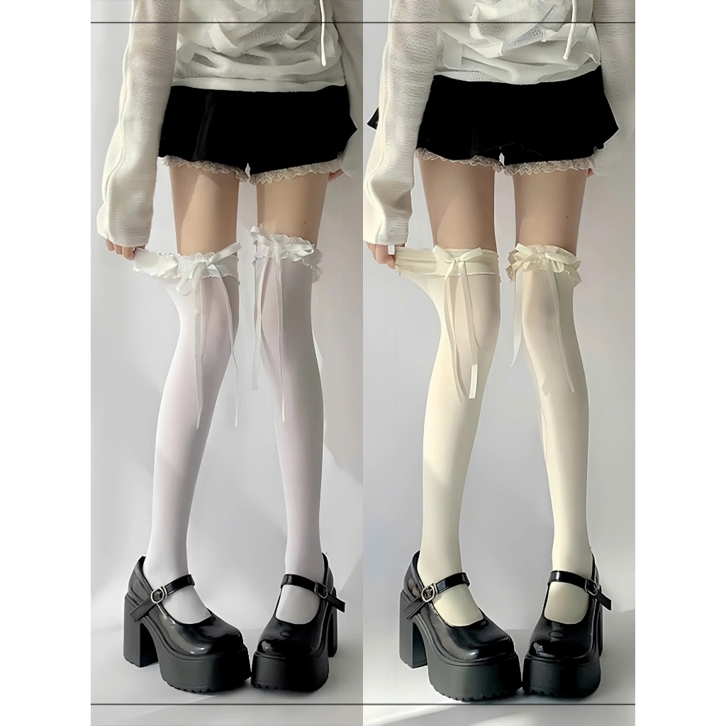 Tất cao cổ phối nơ ren DANDAL Ulzzang Hàn Quốc – Vớ dài nữ thời trang mềm mịn co giãn tốt, viền bèo nơ lụa cực xinh