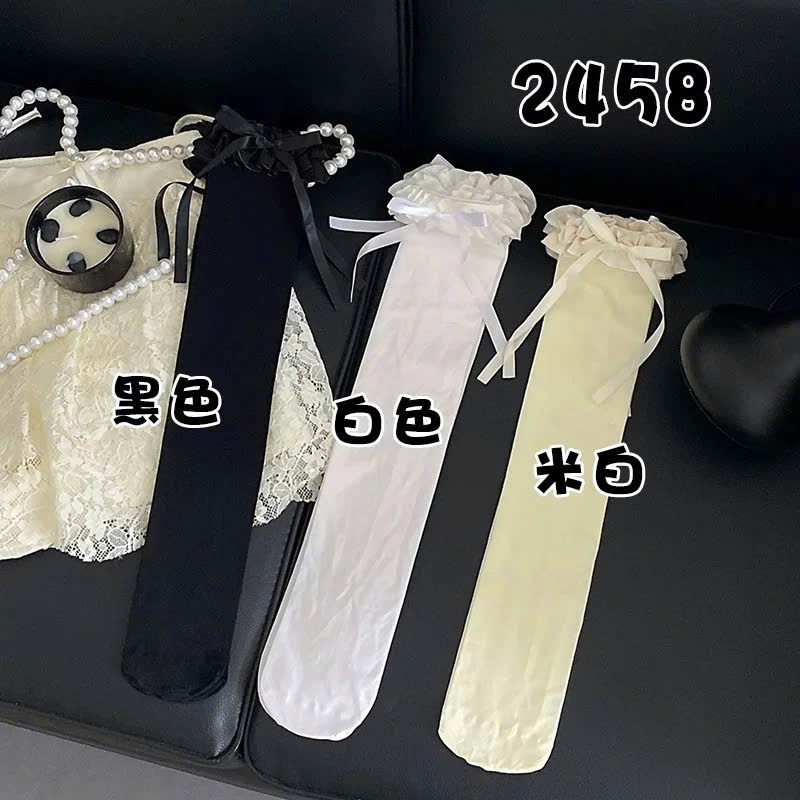 Tất cao cổ phối nơ ren DANDAL Ulzzang Hàn Quốc – Vớ dài nữ thời trang mềm mịn co giãn tốt, viền bèo nơ lụa cực xinh