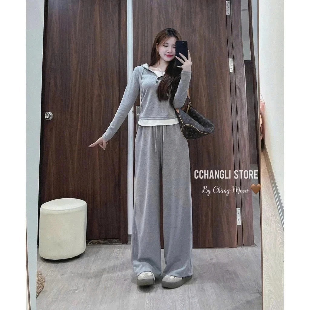 Sét bộ áo Tăm lạnh dài tay Phối cúc cổ Lót gấu trắng + Kèm quần dài trơn ống rộng cạp chun freszie 38-55kg