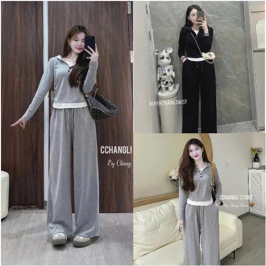 Sét bộ áo Tăm lạnh dài tay Phối cúc cổ Lót gấu trắng + Kèm quần dài trơn ống rộng cạp chun freszie 38-55kg