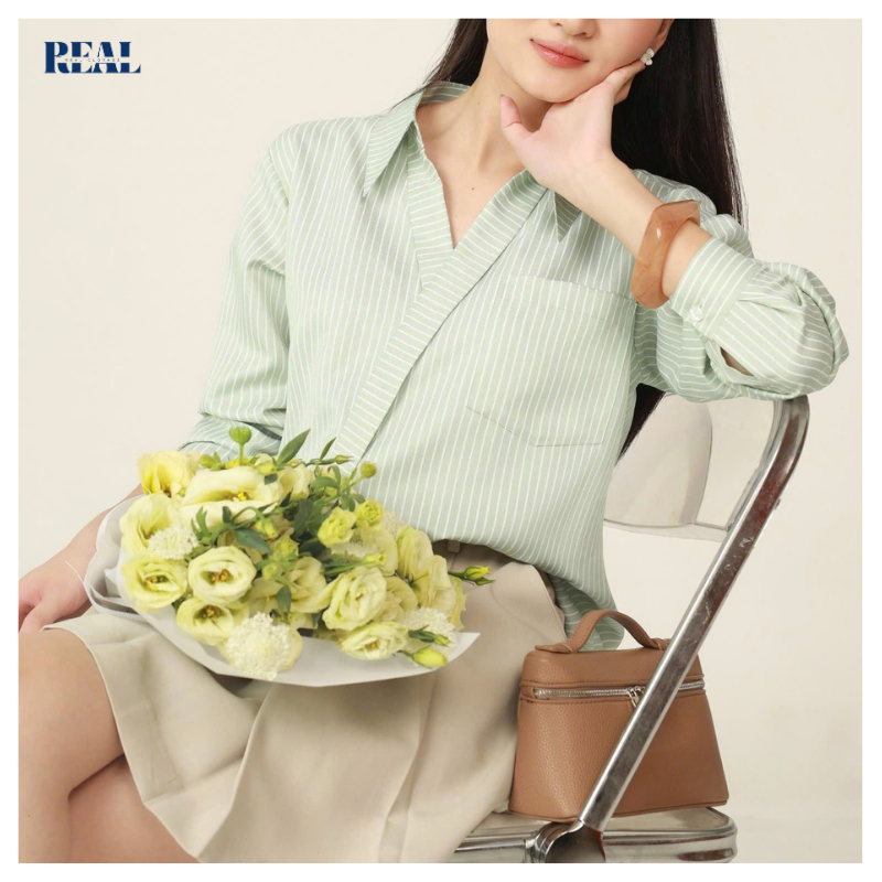 Sơ mi suông cổ V cách điệu Japan REALCLOTHES (tổng hợp màu), chất kate lụa ít nhăn