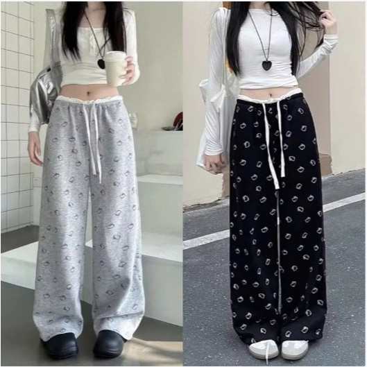 Quần dài cạp chun trắng dáng dài ống rộng in kín Mèo Kitty mặc 4 mùa phù hợp làm quần ngủ,đi chơi...fresize 38-55kg
