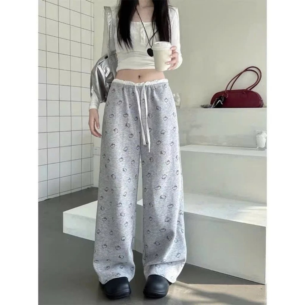 Quần dài cạp chun trắng dáng dài ống rộng in kín Mèo Kitty mặc 4 mùa phù hợp làm quần ngủ,đi chơi...fresize 38-55kg