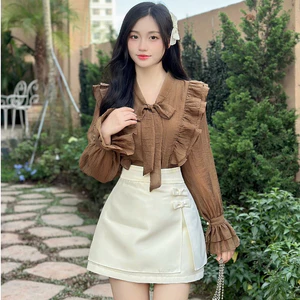 Áo sơ mi nữ tơ nhăn bèo vai nơ cổ dài tay - A2721 Kymie