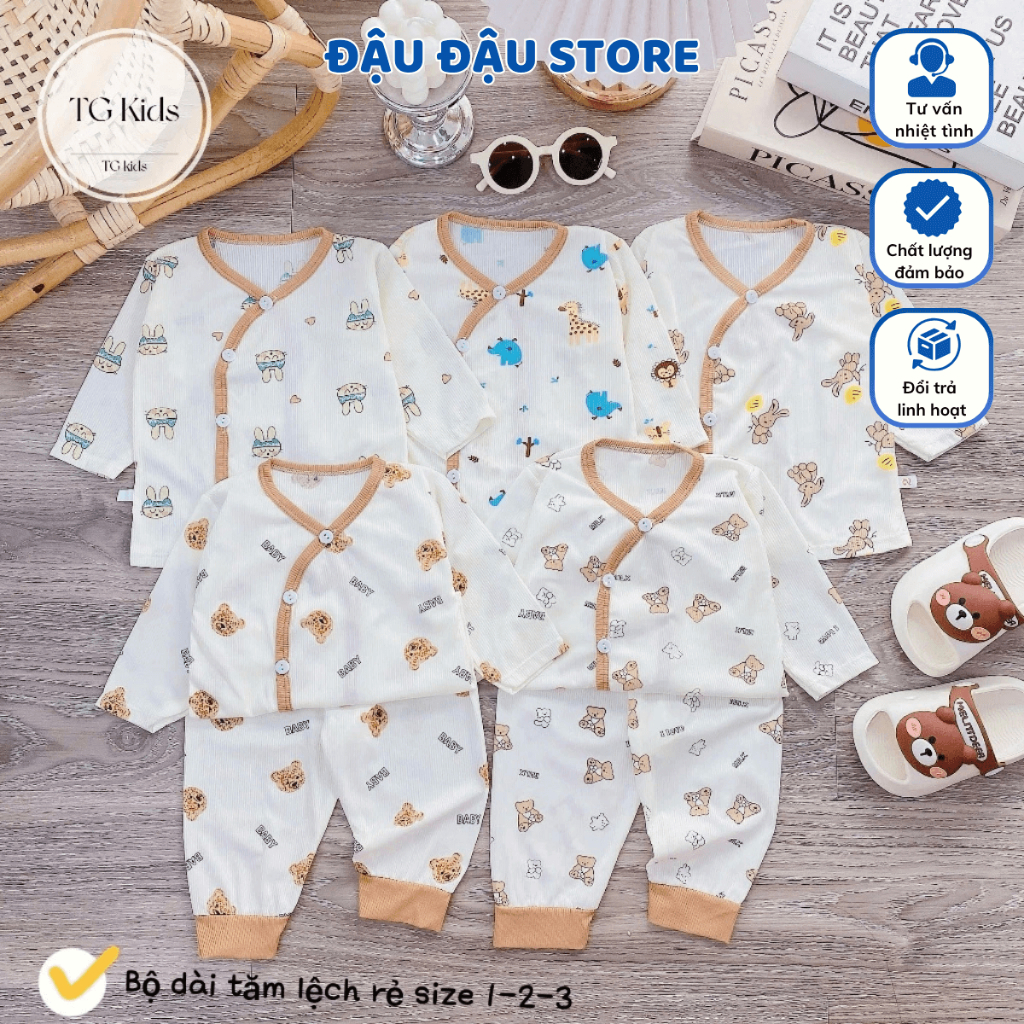 Combo 5 Bộ quần áo dài tay tăm lạnh cho bé sơ sinh từ 3-9 kg mặc mùa Thu Đông  LT in hoạ tiết Đậu Đậu Store TAML001