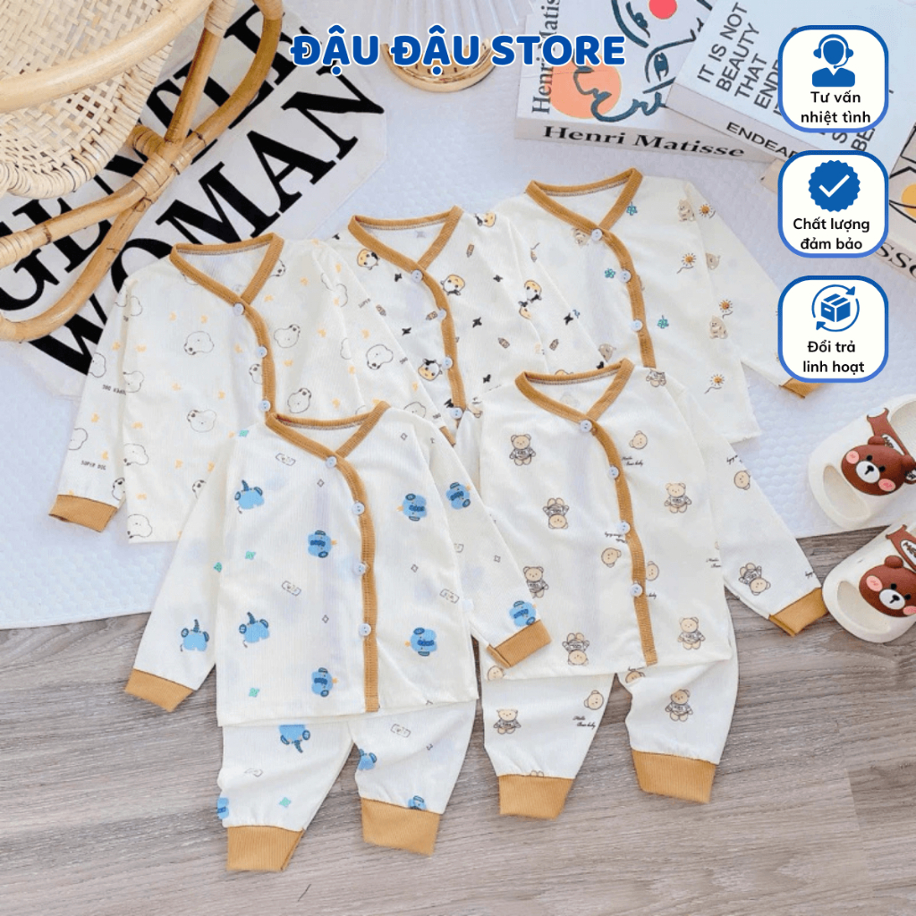 Combo 5 Bộ dài tay tăm lạnh thu đông HG cho bé sơ sinh in hoạ tiết dễ thương mềm mịn 3-9kg Đậu Đậu Store TAML06