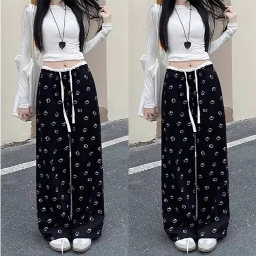 Quần dài cạp chun trắng dáng dài ống rộng in kín Mèo Kitty mặc 4 mùa phù hợp làm quần ngủ,đi chơi...fresize 38-55kg
