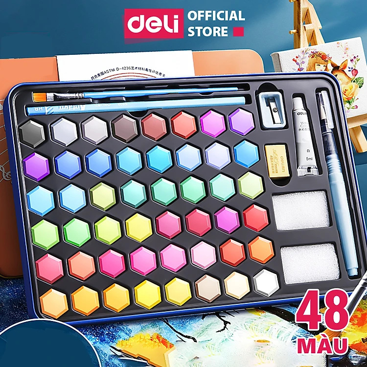 Màu Nước Deli Cao Cấp – Dạng Nén Nhiều Màu, Dễ Hòa Tan, Kèm Bộ Dụng Cụ Vẽ Cho Người Mới & Học Sinh