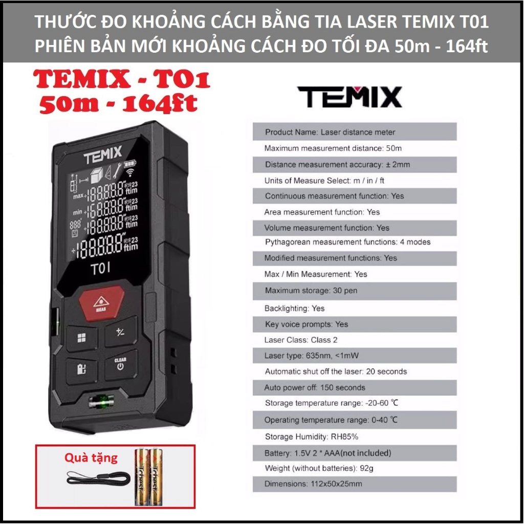 Thước đo khoảng cách bằng tia laser Temix T01 đo 60m, 50m, đo độ dài ...