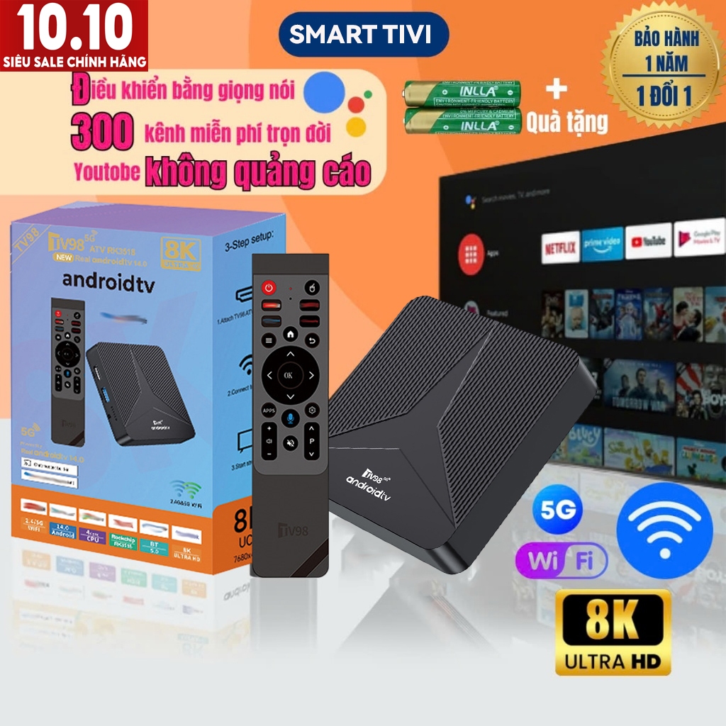 Android TV Box TV98pro 2025 Mới Nhanh Mượt, Crack Tiếng Việt 8K, kết nối Bluetooth,Xem youtube...