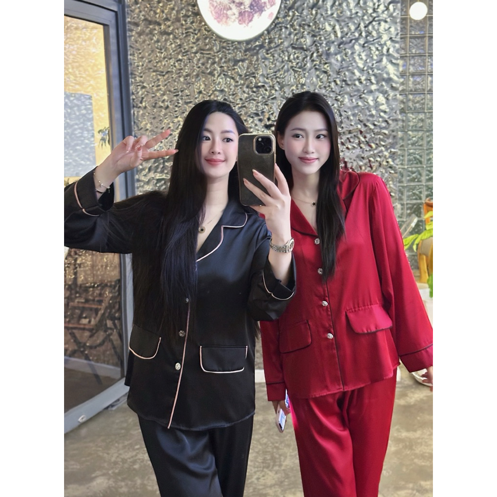 NÚT ĐÁ - Đồ bộ pijama Nắp Túi lụa mịn mát tay dài quần dài viền sang trơn women