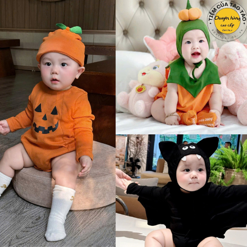 (SẴN SHIP- HỎA TỐC) Set bodysuit Halloween Bí Ngô, Dơi tặng kèm mũ và tất cho bé trai bé gái, sơ sinh size 3-13kg