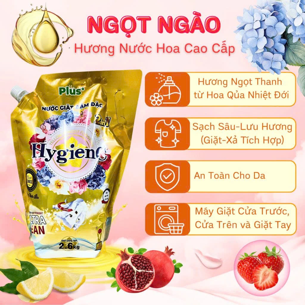 [NEW] Combo 3 Túi Nước Giặt Xả Đậm Đặc HygienC Plus 2,6 Kg/Túi -  Hương Nước Hoa, Sạch Vết Bẩn