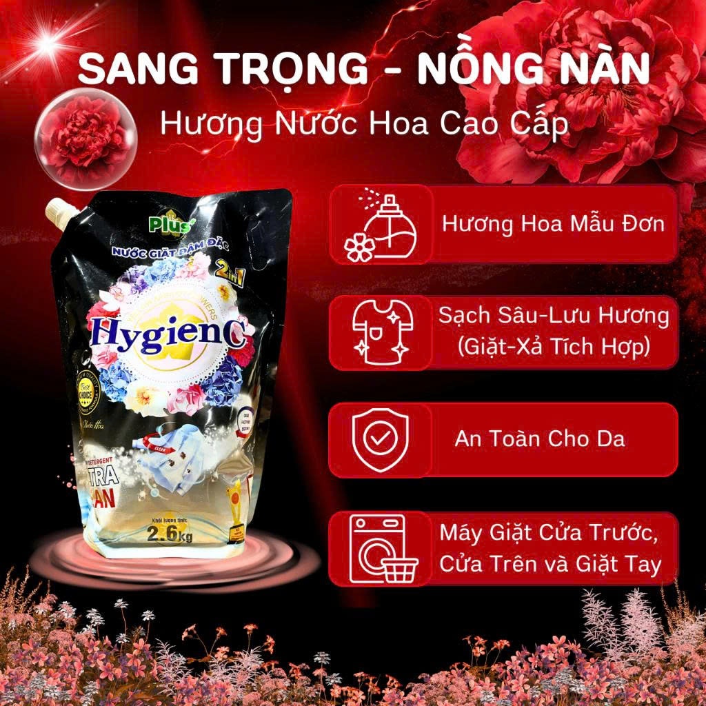 [NEW] Combo 3 Túi Nước Giặt Xả Đậm Đặc HygienC Plus 2,6 Kg/Túi -  Hương Nước Hoa, Sạch Vết Bẩn
