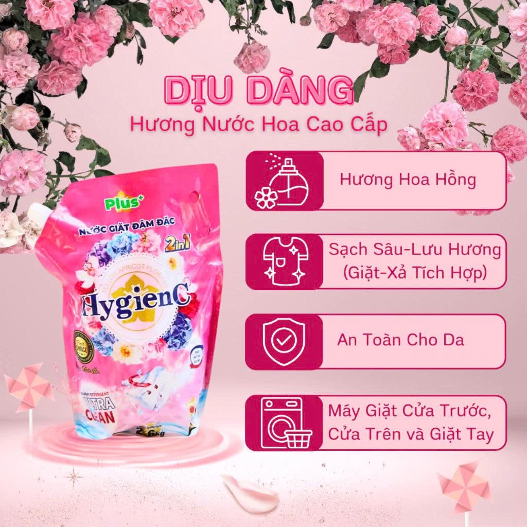 [NEW] Combo 3 Túi Nước Giặt Xả Đậm Đặc HygienC Plus 2,6 Kg/Túi -  Hương Nước Hoa, Sạch Vết Bẩn