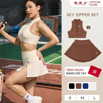 Set Đồ Tập Gym Nữ SEY ZIPPER- Set Áo Croptop Cổ V Khoá Zip, Chân Váy Chữ A- Đồ Tập Gym, Yoga Cao Cấp