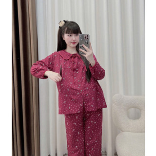 Bộ bầu - Bộ sau sinh - BỘ DÀI ĐŨI NHĂN HÌNH CỔ SEN DẬP LY KÈM DÂY BUỘC - 5 Màu
