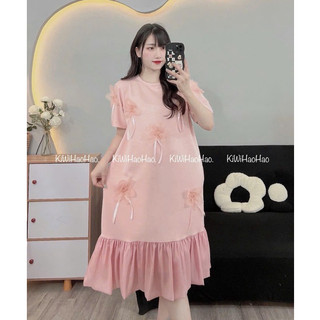 VÁY BẦU CỘC TAY MÌ CỔ TRÒN HOA NỔI PHA CHÂN VÁY VOAN - 4 Màu
