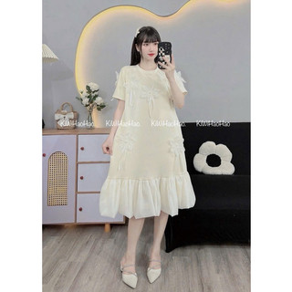 VÁY BẦU CỘC TAY MÌ CỔ TRÒN HOA NỔI PHA CHÂN VÁY VOAN - 4 Màu