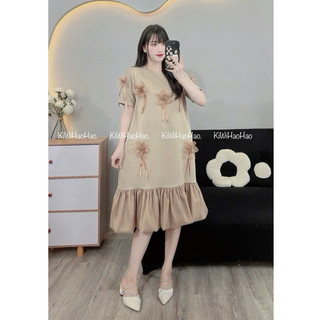 VÁY BẦU CỘC TAY MÌ CỔ TRÒN HOA NỔI PHA CHÂN VÁY VOAN - 4 Màu