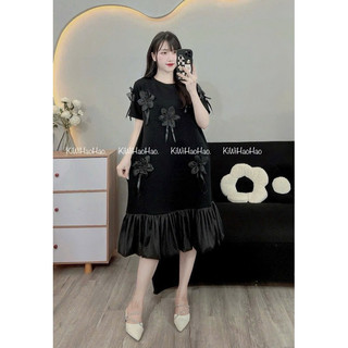 VÁY BẦU CỘC TAY MÌ CỔ TRÒN HOA NỔI PHA CHÂN VÁY VOAN - 4 Màu