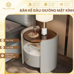 Bàn Đầu Giường Mặt Kính - Cánh Gỗ Bọc Da Napan - Tầng 2 Mặt Đá Sang Trọng Nẹp Viền Mạ Crom Vàng — ảnh 1