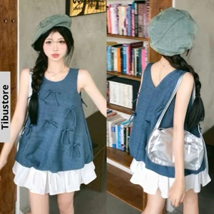 Set Váy 2 Món Đính Nơ Chất Denim, Set Đầm Xuông Dáng Dài Rộng Hàn Quốc, Set Đồ Nữ Tiểu Thư Đi Chơi