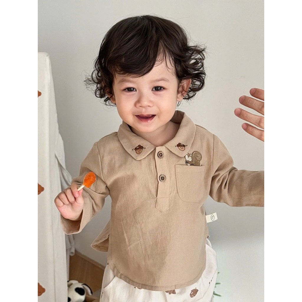 (Order) Áo thun cổ polo cúc hoạ tiết sóc hạt dẻ + quần kaki in hình sóc hạt dẻ ngộ nghĩnh cho bé trai