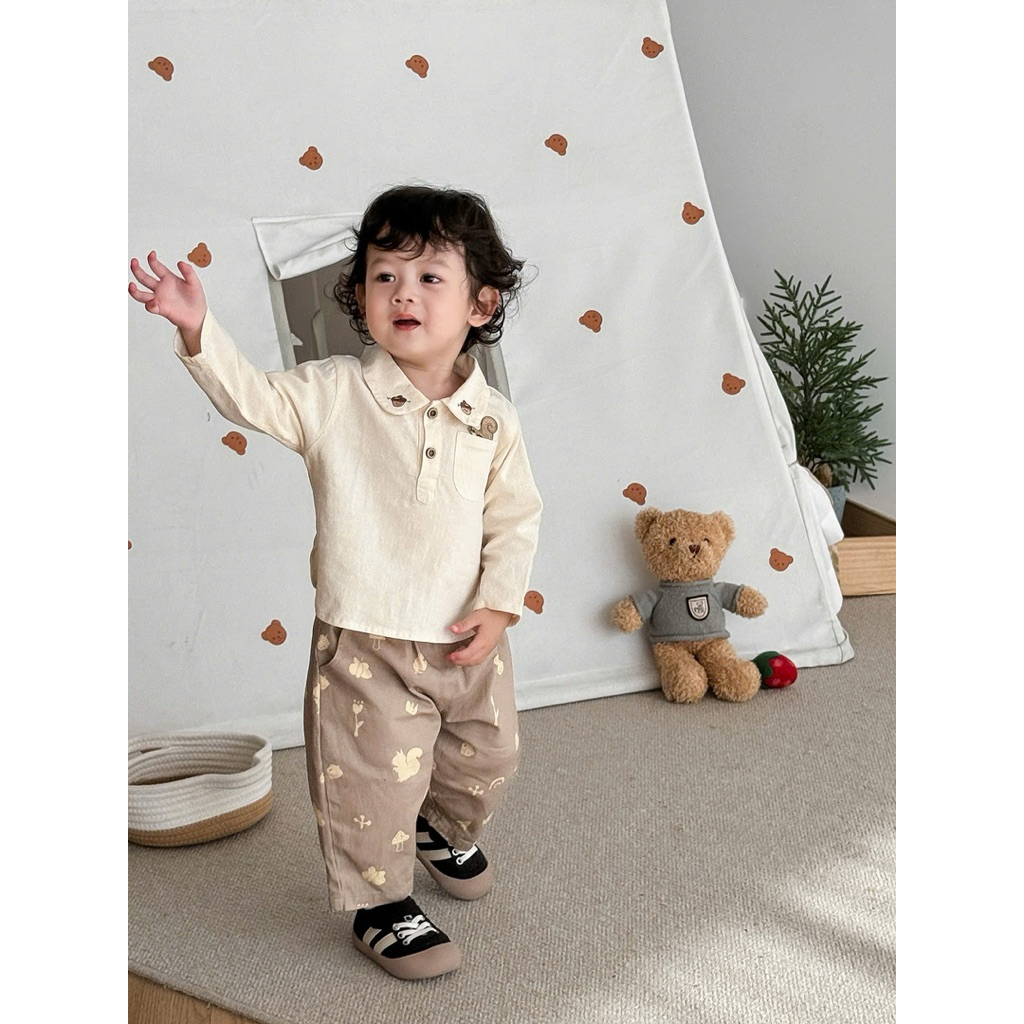 (Order) Áo thun cổ polo cúc hoạ tiết sóc hạt dẻ + quần kaki in hình sóc hạt dẻ ngộ nghĩnh cho bé trai