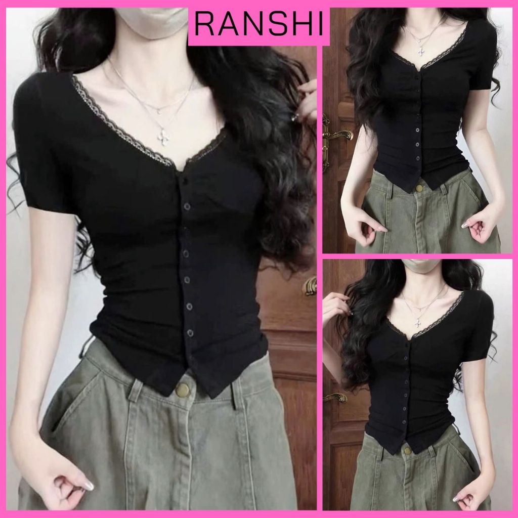 [CÓ SIZE] Áo Thun Cộc Tay Phối Cổ Ren Nữ RANSHI Thiết Kế Ôm Dáng Cúc Cài Chất Thun Cotton Mềm Mát