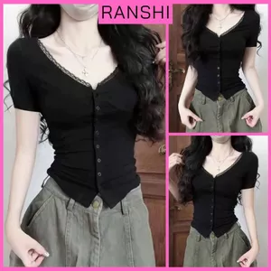 Áo Thun Cộc Tay Phối Cổ Ren Nữ RANSHI Thiết Kế Ôm Dáng Cúc Cài Chất Thun Cotton Mềm Mát
