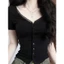 Áo Thun Cộc Tay Phối Cổ Ren Nữ RANSHI Thiết Kế Ôm Dáng Cúc Cài Chất Thun Cotton Mềm Mát