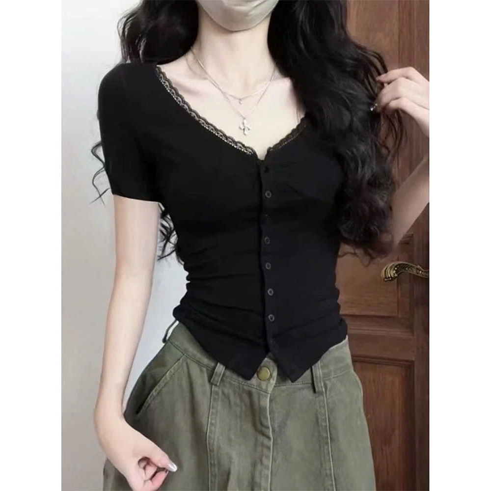 [CÓ SIZE] Áo Thun Cộc Tay Phối Cổ Ren Nữ RANSHI Thiết Kế Ôm Dáng Cúc Cài Chất Thun Cotton Mềm Mát