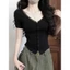 Áo Thun Cộc Tay Phối Cổ Ren Nữ RANSHI Thiết Kế Ôm Dáng Cúc Cài Chất Thun Cotton Mềm Mát