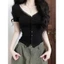 Áo Thun Cộc Tay Phối Cổ Ren Nữ RANSHI Thiết Kế Ôm Dáng Cúc Cài Chất Thun Cotton Mềm Mát