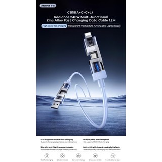 Cáp sạc đa năng 2in2 Remax CB18 USB-A / TypeC to TypeC và LN, Công suất 240W dài 1.2M (Xanh)
