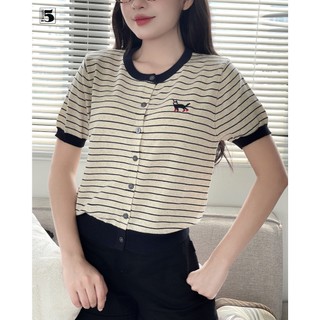 Áo Len Nữ Ngắn Tay Twentyfive Thêu Hình Mèo Dễ Thương, Áo Cardigan Nữ Cổ Viền Trẻ Trung, Cá Tính, Gấu Bo Tôn Dáng 6906