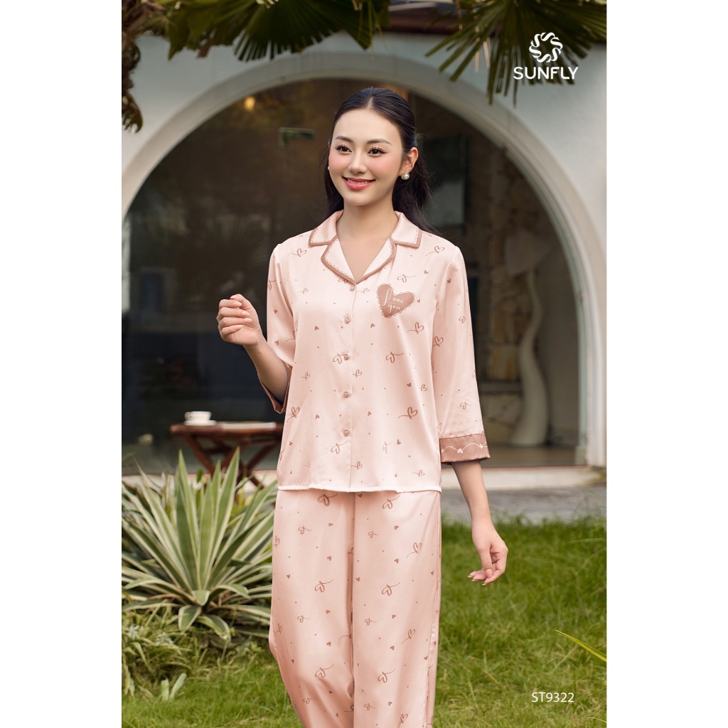 ST9322 Bộ pijama nữ lụa latin áo tay lỡ quần dài