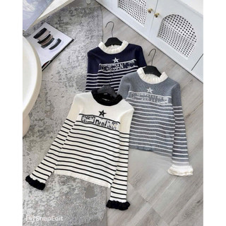 LT - Áo len nữ dệt kim dài tay thu đông tay loe mix cổ bèo chữ ngang ngực free size 1351