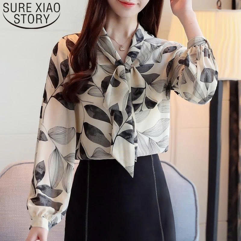 Áo Sơ Mi Nữ Họa Tiết Cổ Nơ Dài Tay Chất Lụa Mango Cao Cấp - A143