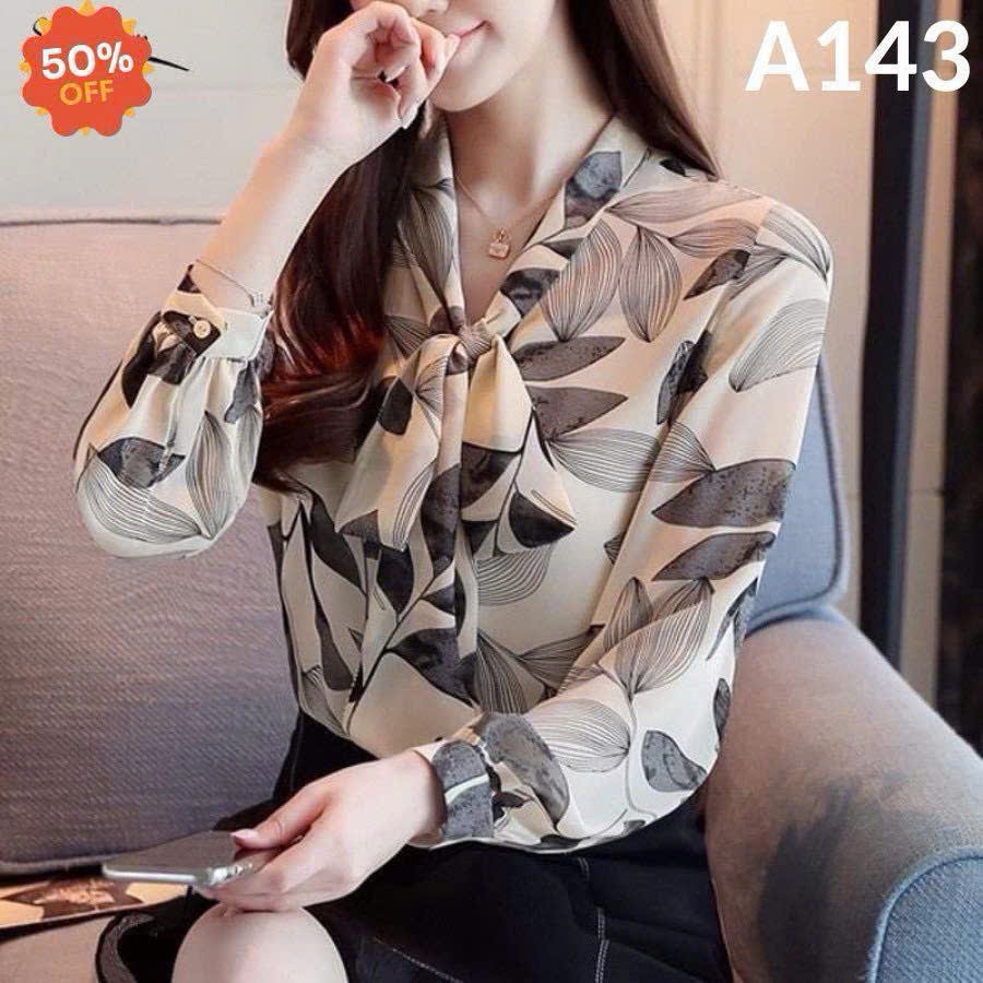 Áo Sơ Mi Nữ Họa Tiết Cổ Nơ Dài Tay Chất Lụa Mango Cao Cấp - A143