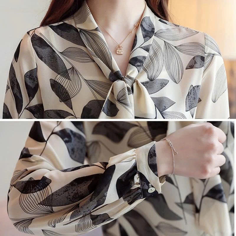 Áo Sơ Mi Nữ Họa Tiết Cổ Nơ Dài Tay Chất Lụa Mango Cao Cấp - A143