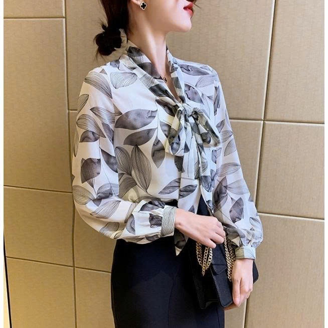 Áo Sơ Mi Nữ Họa Tiết Cổ Nơ Dài Tay Chất Lụa Mango Cao Cấp - A143