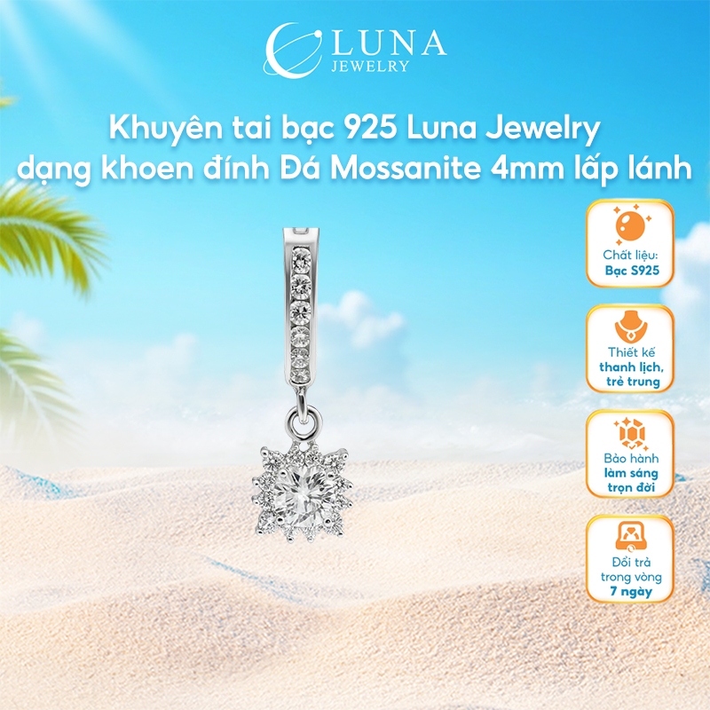 Khuyên tai bạc 925 Luna Jewelry dạng khoen đính Đá Mossanite 4mm lấp lánh
