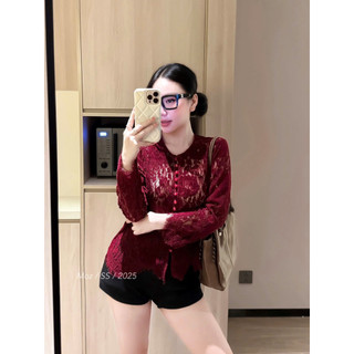 Áo sơ mi ren nhung dài tay khuy nhựa tròn (hàng QCl1)