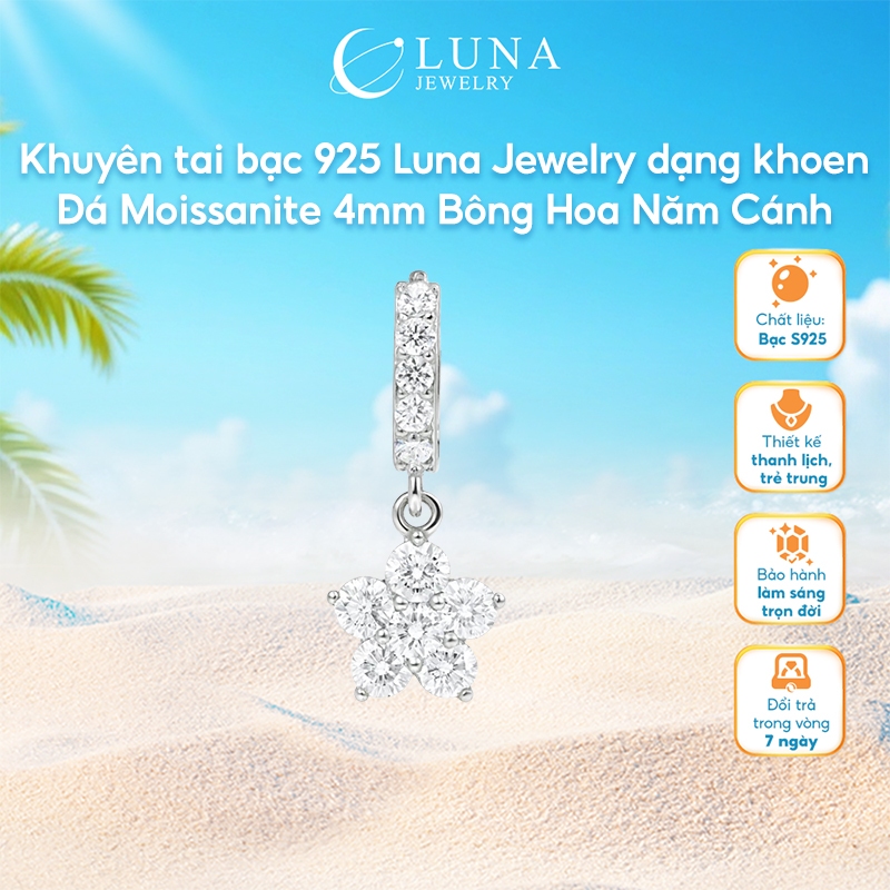Khuyên tai bạc 925 Luna Jewelry dạng khoen Đá Moissanite 4mm Bông Hoa Năm Cánh